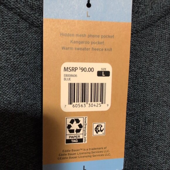 NWT Eddie Bauer Blue Fleece Snap Pullover Jacket Men’s Large Kangaroo Pocket - Picture 4 of 4